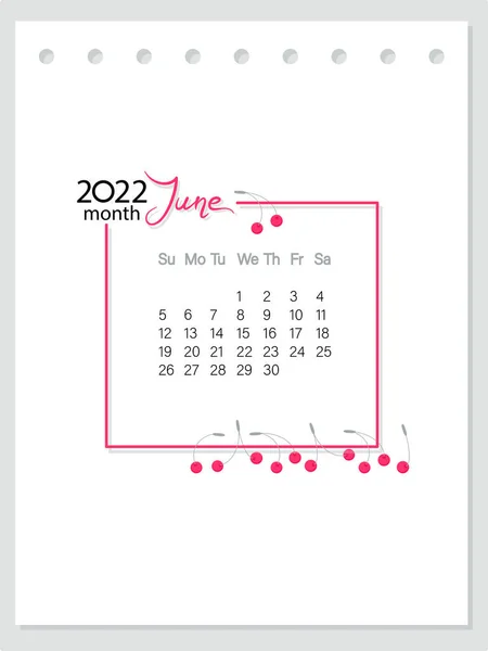 Июнь месяц. Календарь 2022 года. Вишни. Раскладка календаря с декором ягод. Начало недели воскресенье. — стоковый вектор
