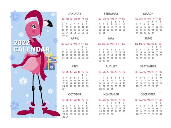 Flamingo 2022. Kalendarz. Święty Mikołaj. Wektor postać z kreskówek dla dzieci planowania. Kalendarz — Wektor stockowy