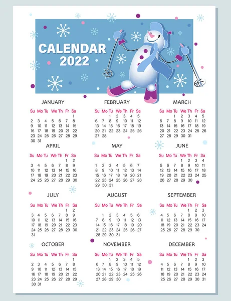 Kalendář 2022 Vtipný Lyžař Sněhulák Kalendář Vektorových Miminek Týden Začíná — Stockový vektor