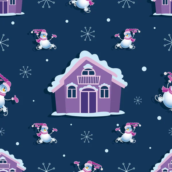 雪人滑雪者冬天的紫丁香屋矢量背景 淡蓝色背景上的无缝图案 设计与一个有趣的字符婴儿纺织品 矢量说明 — 图库矢量图片