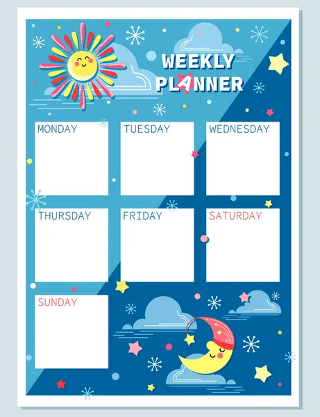 Day, night. Weekly planning. Winter page for entries. Note page design with a funny character in the sky. Design for childrens planning, organizer, notebook. Vector kids illustration.