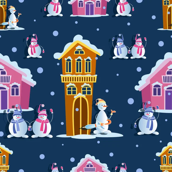 冬城快乐的雪人矢量背景 蓝色背景上的无缝图案 设计与一个有趣的字符婴儿纺织品 矢量说明 — 图库矢量图片