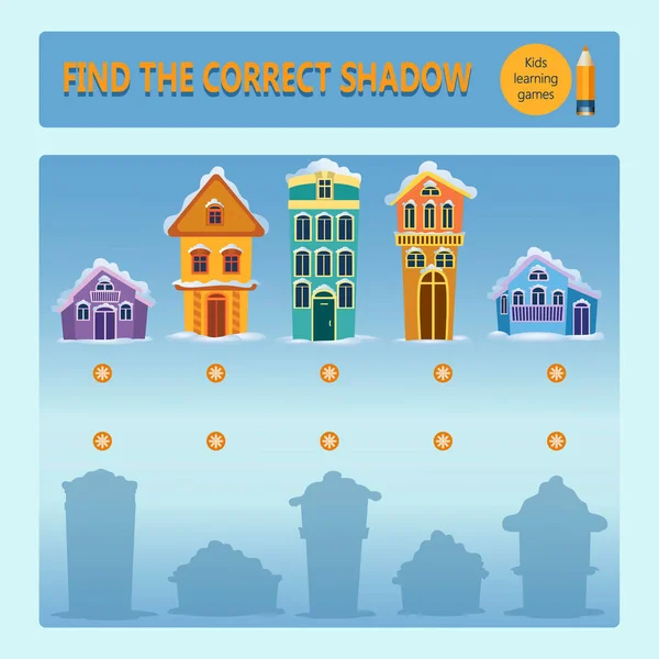 Winter Town Cartoon Houses Game Kids Find Correct Shadow Educational — Stock vektor