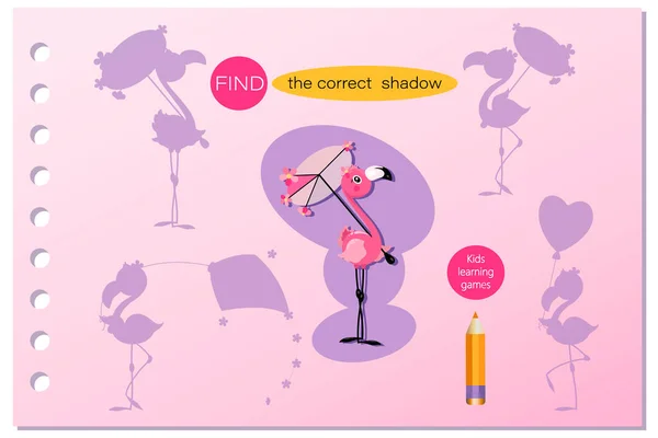 Cute pink flamingo. Cartoon characters with a parasol. Find the correct shadow. Game for kids. — Stock vektor