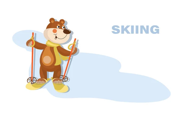 Joli ours skiant. Portrait sportif. Sport d'hiver. Ours avec skis et écharpe. Dessiné à la main — Image vectorielle