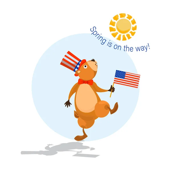 ハッピー グラウンドホッグ 帽子のかわいい地面の豚とアメリカの国旗は春に向かって単に行進します 春の太陽から影で隔離された漫画のキャラクター ベクターイラスト — ストックベクタ