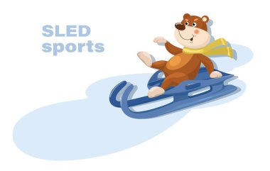Kızak sporları. Tatlı ayı kızağı. Kızak sporlarında spor müsabakaları. Kızak sporları. Vektör düz tasarım illüstrasyon, çocuklar veya bebekler için gömlek tasarımları için kullanılabilir. Vektör illüstrasyonu