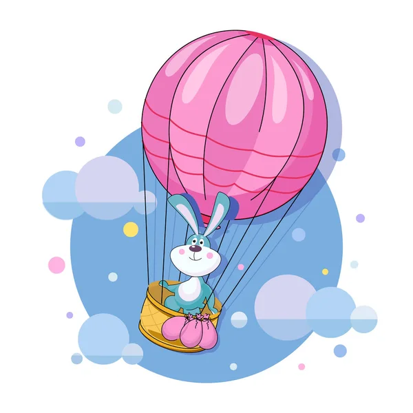 Balloon. Air travel. Funny bunny in a balloon basket. Emblem. Design poster with funny character — Stock Vector