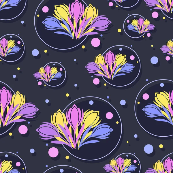 Saffraan achtergrond. Crocussen bloemenpatroon. Kleurrijke bloemen saffraan. Voorjaarsbloemen in cirkel — Stockvector