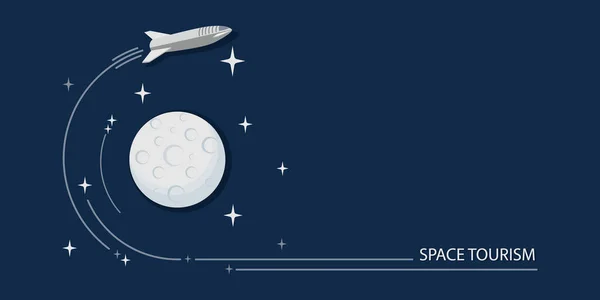 Viajes espaciales, turismo. Vector nave estelar en órbita alrededor de la luna. Cartel. Concepto de diseño para viajes — Vector de stock