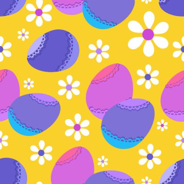 Mutlu Paskalyalar, süslü paskalya arkaplanı. Paskalya şablonu. Sarı arka planda yumurta ve çiçek.. 