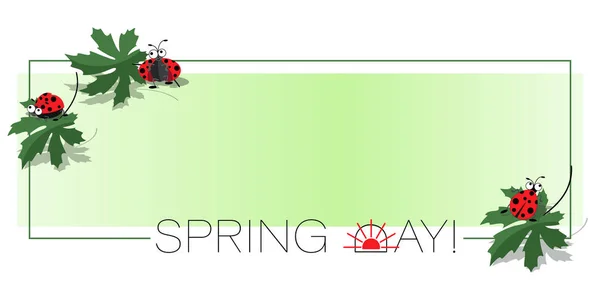Cartoon fond de coccinelle. Affiche. Mignon insecte. Photo joyeuse avec l'inscription du jour du printemps. — Image vectorielle