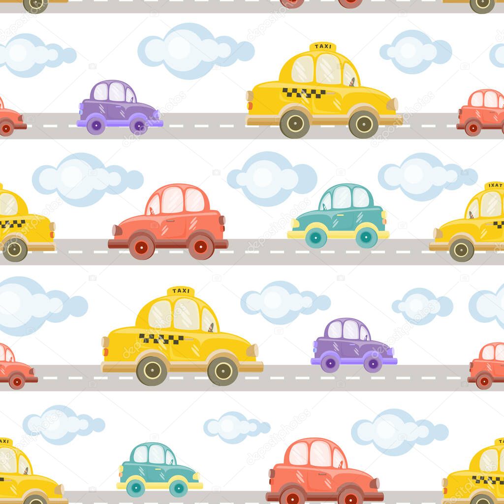 Cute childrens background. Baby cars, traffic lights and road signs on a white background. Illustration of highway in a cartoon style for Wallpaper, fabric, and textile design. Vector seamless pattern