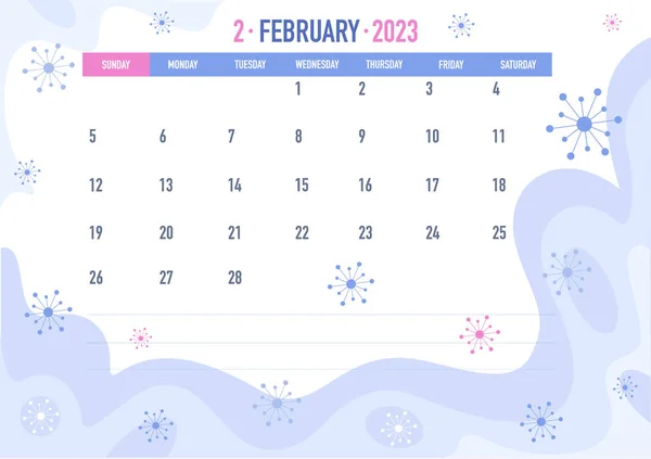 Februar Monat Geschäftskalender Für 2023 Kalenderlayout Die Woche Beginnt Sonntag — Stockvektor