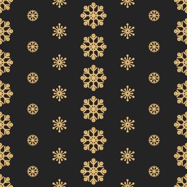 Noel karlı arka planı. Siyah arka planda altın kar taneleri. Kış kusursuz, tatil düzeninde. Yeni yıl web sitesi tasarımı, tekstil ürünleri, hediye paketi. Vektör illüstrasyonu. 