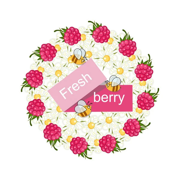 Fresh Raspberries Bees Collect Honey Raspberry Flowers Ripe Berry Fresh — Stock vektor