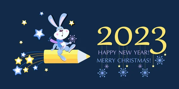 Cartoon Rabbit Vesmír 2023 Veselé Vánoce Nový Rok Králičí Symbol — Stockový vektor