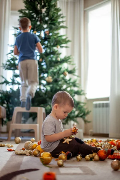 2人の兄弟は自宅のリビングルームの枝から人工のクリスマスツリーを組み立てています。エコクリスマスのコンセプト。新年の準備. — ストック写真