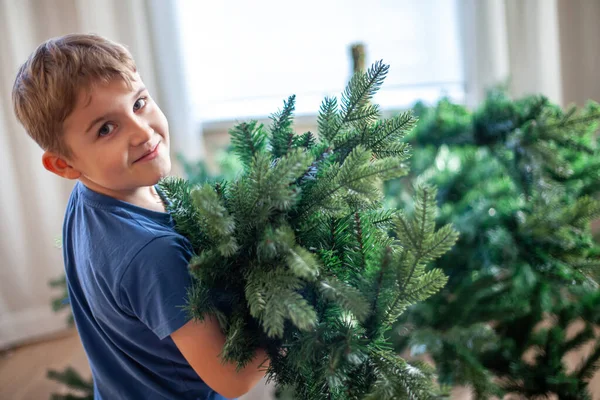 少年は自宅のリビングルームで人工的なクリスマスツリーを収集します — ストック写真