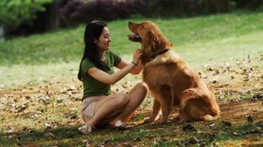 Uzun saçlı genç Asyalı kadın parkta av köpeğine dokunuyor. Güzel genç Çinli kız yaz günü sevimli köpeğiyle konuşuyor. Doğada efendisi olan sevimli köpek.