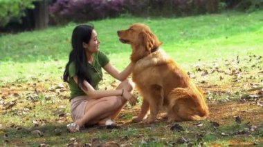 Uzun saçlı genç Asyalı kadın parkta av köpeğine dokunuyor. Güzel genç Çinli kız yaz günü sevimli köpeğiyle konuşuyor. Doğada efendisi olan sevimli köpek.