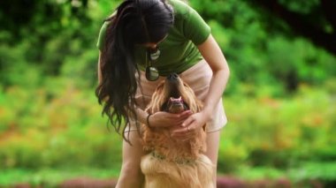 Uzun saçlı genç Asyalı kadın parkta av köpeğine dokunuyor. Güzel Çinli kız elinde sevimli köpeğinin kafasını okşuyor. Yaz günü sevimli bir köpekle bir kadın.