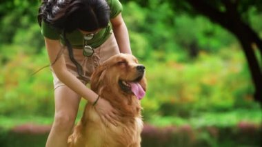 Uzun saçlı genç Asyalı kadın parkta av köpeğine dokunuyor. Güzel Çinli kız yaz günü sevimli köpeğini tutuyor.