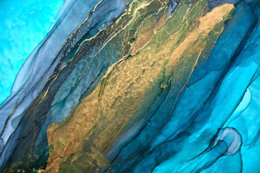 Alkol mürekkebi tekniğinde lüks soyut arka plan, çivit mavisi sıvı boya, dağınık akrilik damlalar ve girdap lekeleri, basılı malzemeler.