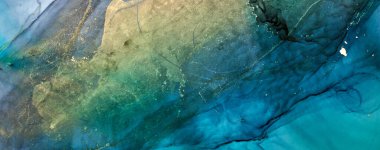 Alkol mürekkebi tekniğinde lüks soyut arka plan, çivit mavisi sıvı boya, dağınık akrilik damlalar ve girdap lekeleri, basılı malzemeler.