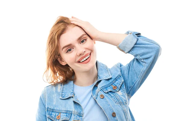 Redhead Woman Portrait White Isolated Background Holding His Head Can — Stock Photo, Image