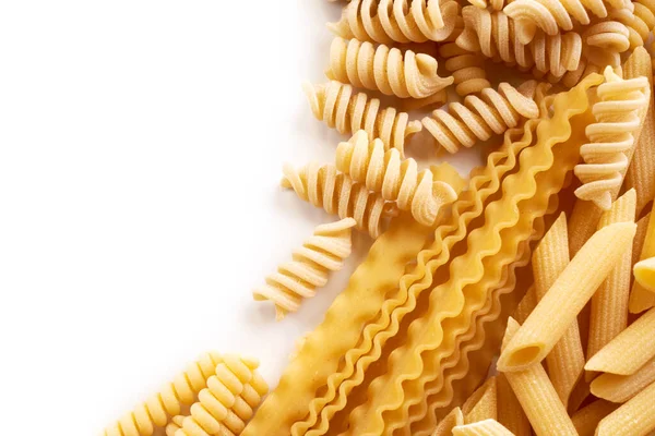 Assorted Varieties Pasta Wallpaper Mix Macaroni Spaghetti White Background Copy — Stock Photo, Image