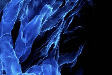 Siyah teknoloji arka planında soyut mavi elektrik dalgası. Sudaki neon ışığı boyası, akrilik patlama, sıvı sanat