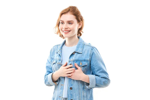 Прекрасна Добродушна Руда Студентка Синій Джинсовій Куртці Чарівною Посмішкою Доброзичливим — стокове фото