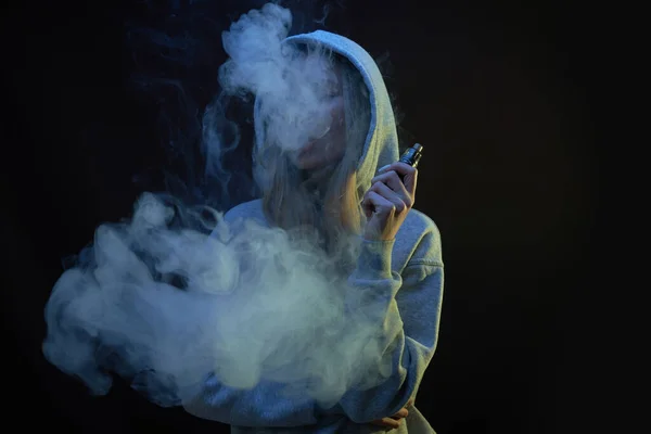 Portrait Beautiful Blonde Girl Gray Hoodie Smokes Vape Isolated Black — Stock Photo, Image