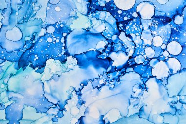 Soyut mavi boya arka planı. Su kabarcıkları damlalar lekeler sıçratır doku deseni