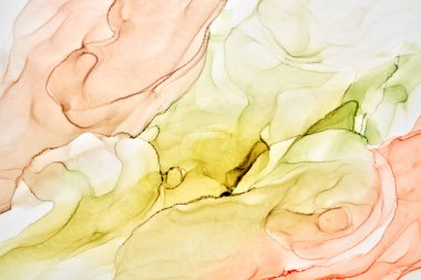 Soyut ocher yeşil suluboya arka plan. Sarı turuncu kahverengi boya lekeleri ve sudaki lekeler, lüks sıvı sıvı sanat duvar kağıdı, sonbahar renklerinin karışımı.