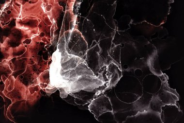 Siyah teknoloji arka planında soyut beyaz kırmızı elektrik dalgası. Sudaki neon ışığı boyası, akrilik patlama, sıvı sanat