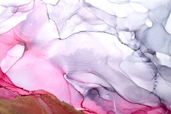アルコールインク技術 ピンクグレーゴールド液体絵画 散乱アクリルブロブと渦巻く汚れ 印刷材料の高級抽象的な背景 — ストック写真