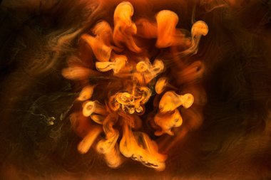 Siyah mürekkep arka planında turuncu duman, renkli sis, soyut girdap gibi dönen okyanus denizi, akrilik boya pigmenti su altında.