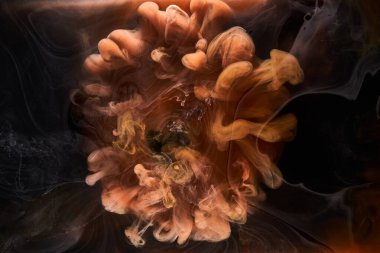 Siyah mürekkep arka planında turuncu duman, renkli sis, soyut girdap gibi dönen okyanus denizi, akrilik boya pigmenti su altında.