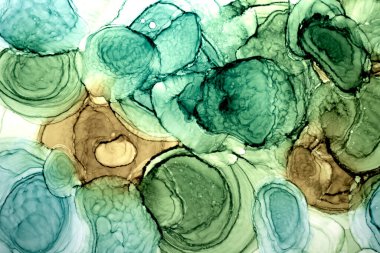 Soyut yeşil daireler suluboya arka plan. turuncu kahverengi boya lekeleri ve sudaki lekeler, sıvı sıvı sanat duvar kağıdı, sonbahar renklerinin karışımı