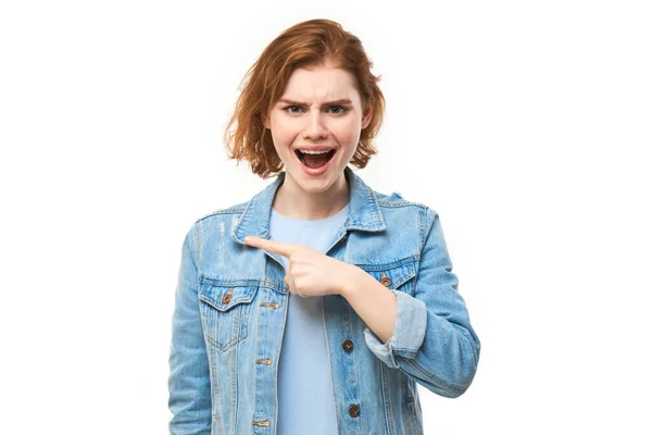 Shocked Face Red Haired Girl Looks Surprised Open Mouth White — Stock Photo, Image