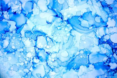 Soyut mavi boya arka planı. Su kabarcıkları damlalar lekeler sıçratır doku deseni