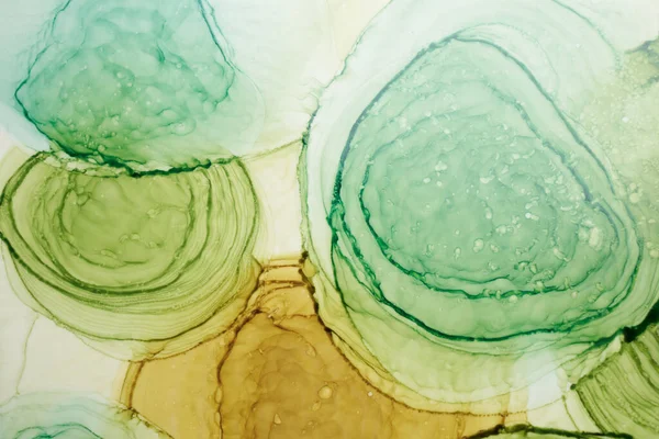 抽象的な黄土色の緑の円水彩背景 オレンジ色の茶色の塗料汚れや水のスポット 液体アート壁紙 秋の色のミックス — ストック写真