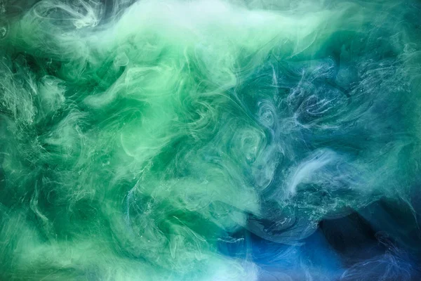 Modrozelený Kouř Černém Inkoustovém Pozadí Barevná Mlha Abstraktní Vířící Oceánské — Stock fotografie