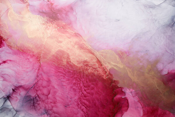 Luxury abstract background in alcohol ink technique, pink gold liquid painting, scattered acrylic blobs and swirling stains, printed materials
