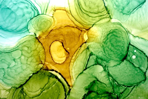 抽象的な黄土色の緑の円水彩背景 オレンジ色の茶色の塗料汚れや水のスポット 液体アート壁紙 秋の色のミックス — ストック写真