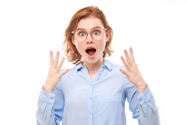 Shocked Face Red Haired Girl Business Shirt Looks Surprised Open — Stock Photo, Image