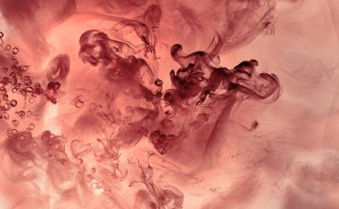 Siyah ve kırmızı mürekkep arka plan, renkli sis, soyut girdap okyanusu, akrilik boya pigmenti su altında, beyaz duman