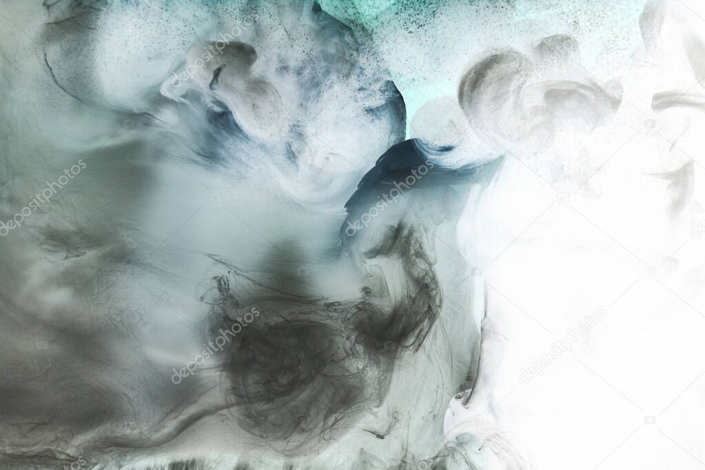 Dark smoke on white ink background, colorful fog, abstract swirling ocean sea, acrylic paint pigment underwater